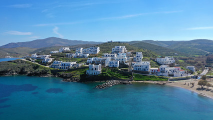 Naklejka na ściany i meble Aerial drone photo from picturesque seaside fishing village of Loutra famous of hot springs in island of Kythnos at spring, Cyclades, Greece