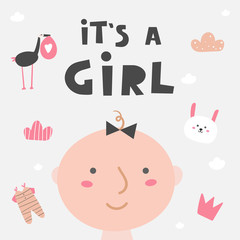 It's a girl card, postcard, banner with new born baby, rabbit, stork, cloud, crown.