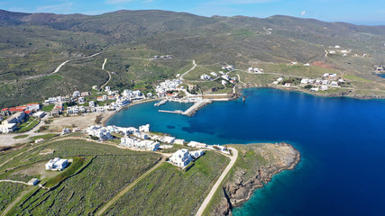 Aerial drone photo from picturesque seaside fishing village of Loutra famous of hot springs in island of Kythnos at spring, Cyclades, Greece