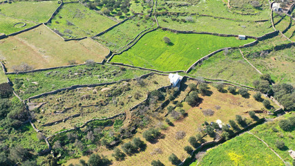 Aerial drone photo of unique nature in island of Kythnos at spring, Cyclades, Greece