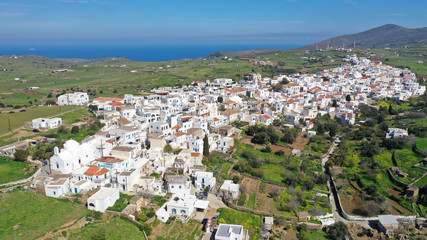 Fototapeta na wymiar Aerial drone photo of beautiful and picturesque main village of Kythnos or Kithnos island at spring, Cyclades, Greece