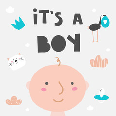 It's a boy card, postcard, banner with new born boy, cat, nipple, stork, cloud, crown.