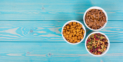 Various cat food. Dry and wet cat food. Copy space. Bowls with cat food on wooden background.