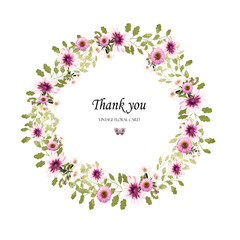Flower wreath with leaves and flowers . Watercolor design. Invitations with pink wildflowers. Background for save the dates.