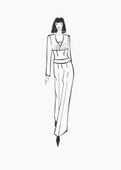 Black and white sketch style fashion slim girl in trousers on white background isolated
