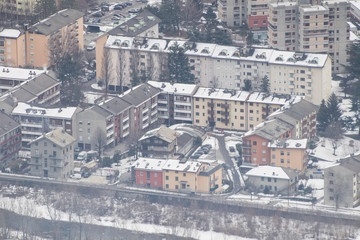 City during winter full of snow