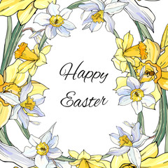 Stock vector floral spring easter greeting card. Beautiful flower frame from daffodils and text. Isolated and hand drawn illustration. Floral design, easter backdrop. Festive print. - 255533976