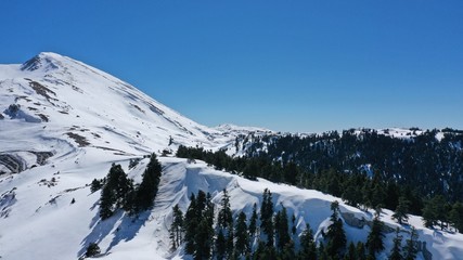 Fototapeta premium Aerial drone photo of popular winter ski destination in Swiss mountain covered up with snow