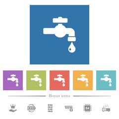 Water faucet with water drop flat white icons in square backgrounds