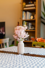 Pink  hyacinth blossom in a small pink vase