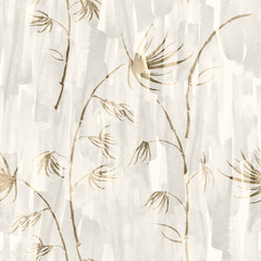 Bamboo watercolor stems and leaves seamless pattern. painting of bamboo forest on textured paper. Decorative watercolor bamboo. silhouette branches, tropics. Abstract splash of beige paint.