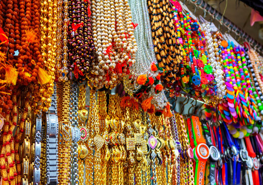 Prayers beads, gift from  India.  Colorful ethnic wooden beads necklace.street market in katra