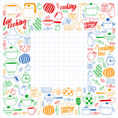 Fototapeta na wymiar Vector set of children's kitchen and cooking drawings icons in doodle style. Painted, colorful, pictures on a sheet of checkered paper on a white background.