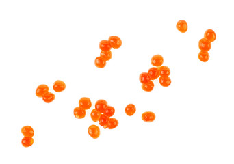 Red caviar on white background, top view.