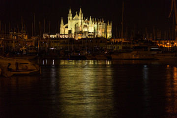 Fototapeta na wymiar Nachtaufnahme Kathedrale in Palma de Mallorca mit Bootshafen