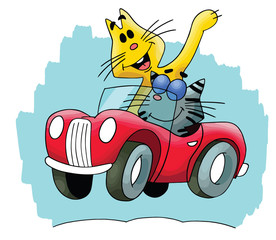 Cartoon cats travelling by car vector illustration