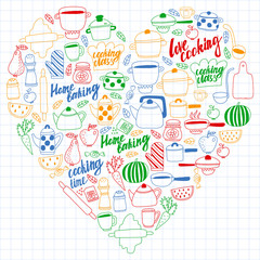 Vector set of children's kitchen and cooking drawings icons in doodle style. Painted, colorful, pictures on a sheet of checkered paper on a white background.