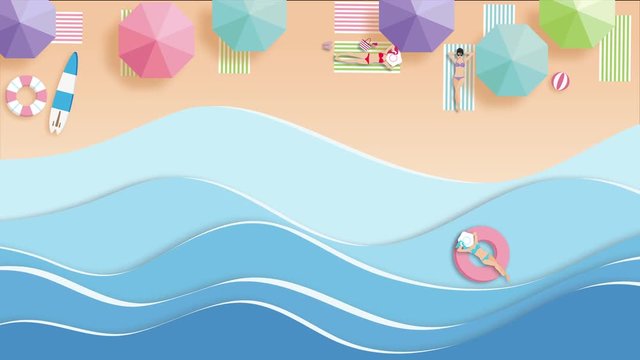 top view beach  with girl . aerial view of summer beach background video animation ,flat cartoon and paper art landmarks concept, motion graphic  background
