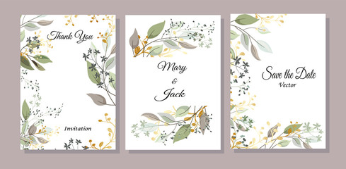 Set of cards with gold and green leaves, wild herbs. Decorative invitation to the holiday. Wedding, birthday. Universal card. Template for text.  Vector illustration. - 255537727