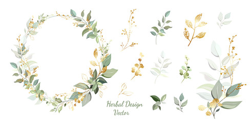 Wreath. Flower frame with gold and green leaves. Vector Invitation design. Set of leaves. Background to save the date.Greeting card. - obrazy, fototapety, plakaty