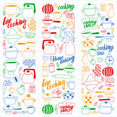 Vector set of children's kitchen and cooking drawings icons in doodle style. Painted, colorful, pictures on a sheet of checkered paper on a white background.