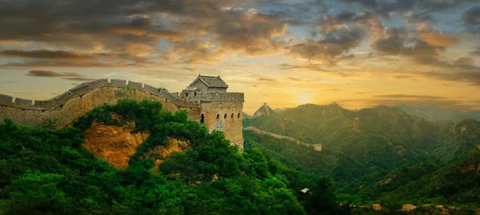 Crédence en verre imprimé Mur chinois Coucher de soleil sur la grande muraille de Chine, Jinshanling