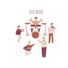 Musicians set including saxophone, drums, guitar, violin and singer.