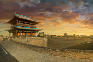Sunset on the wall, fortification of the old city  of  Pingyao ,Shanxi ,China