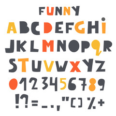 Cute alphabet, letters set for kids. Baby shower, nursery, children font with numbers and typographic signs