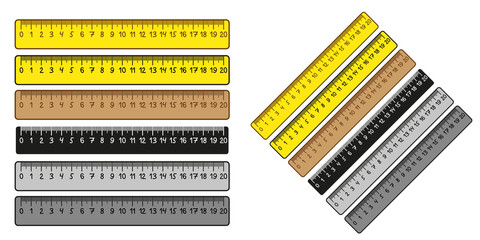 Set of ruler. 20 centimeters ruler with brown, yellow, black and gray color. Vector illustration.