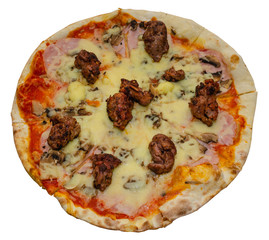 Pizza with meat and cheese - isolated on white background