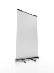 Outdoor Advertising Stand Banner (empty roll-up poster) - mockup template isolated on white background. 3D rendering