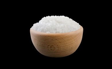 white salt crystals in wooden bowl isolated on white background. Spices and food ingredients.
