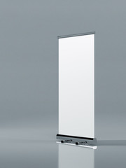 Outdoor Advertising Stand Banner (empty roll-up poster) - mockup template on gray background. 3D rendering