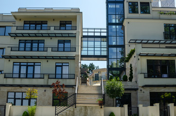 Modern real estate exterior and a dog on top of stairs