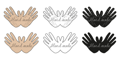 Set of print of hand of human in different styles with the inscription 