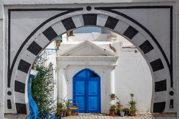 Door on the street of charming coastal town Sidi Bou Said close to Tunis capital, Tunisia