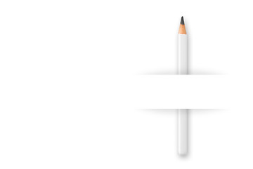Creativ writing, education or business resume or marketing template, white pencil behind piece of paper on white background