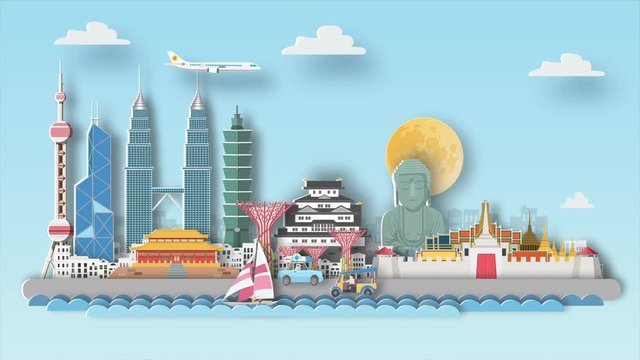 Asia travel destination background video animation ,flat cartoon and paper art landmarks concept. motion graphic  background