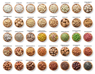 collection nuts and seeds isolated on white background. pecans, hazelnuts, walnuts, pistachios, almonds, macadamia, cashews, peanuts, sunflower, coconut, apricot kernel, pumpkin seeds, pine and brazil - obrazy, fototapety, plakaty