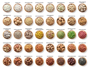 Fotobehang collection nuts and seeds isolated on white background. pecans, hazelnuts, walnuts, pistachios, almonds, macadamia, cashews, peanuts, sunflower, coconut, apricot kernel, pumpkin seeds, pine and brazil © dmitr1ch