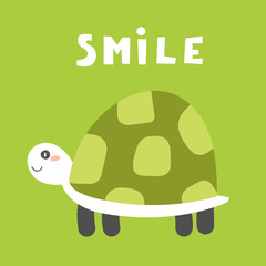 Cute hand drawn card, postcard, poster with green turtle
