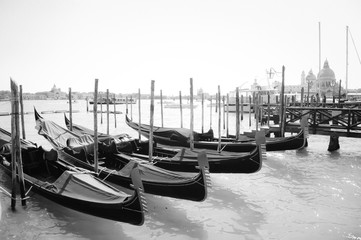 viele kleine Boote nebeneinander im Wasser in Schwarz Weiß Monochrom Italien Altstadt mit Wasser...
