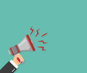 Man holding megaphone in hand, vector illustration in flat design