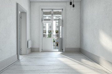 Leere Wohnung mit Holzboden und Balkon