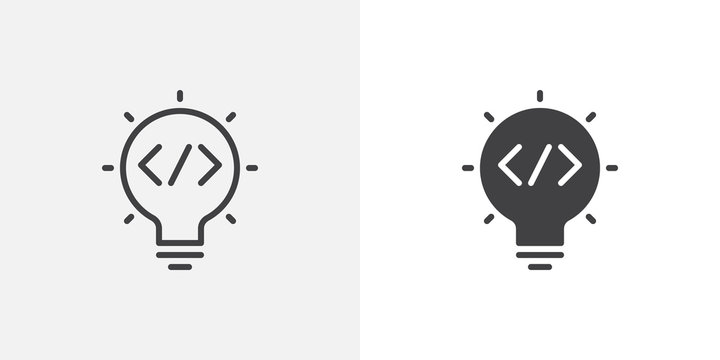 Code idea bulb icon. line and glyph version, programming idea lamp outline and filled vector sign. Coding light bulb linear and full pictogram. Symbol, logo illustration. Different style icons set