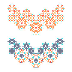 Set of 2 necklaces in american indian style. Embroidery dotted schemes. Pixel navajo neckline. Textile geo prints. Beading chevron design. Boho belt. Cross stitching ornament.
