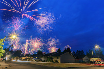 4th of July Fireworks at night in the neighborhood