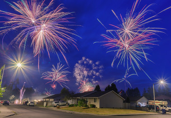 4th of July Fireworks at night in the neighborhood