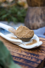 Dry coriander powder or kindza - traditional georgian, indian, asian aromatic spice blend used for cooking.